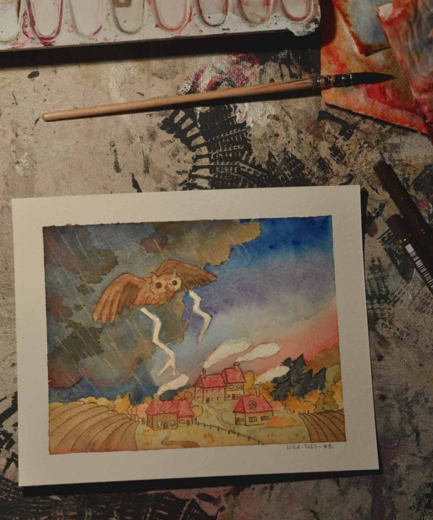 an illustration on a desk. The illustration shows a giant owl bringing storm over a cozy fall landscape. the landscape shows cute house and fields.