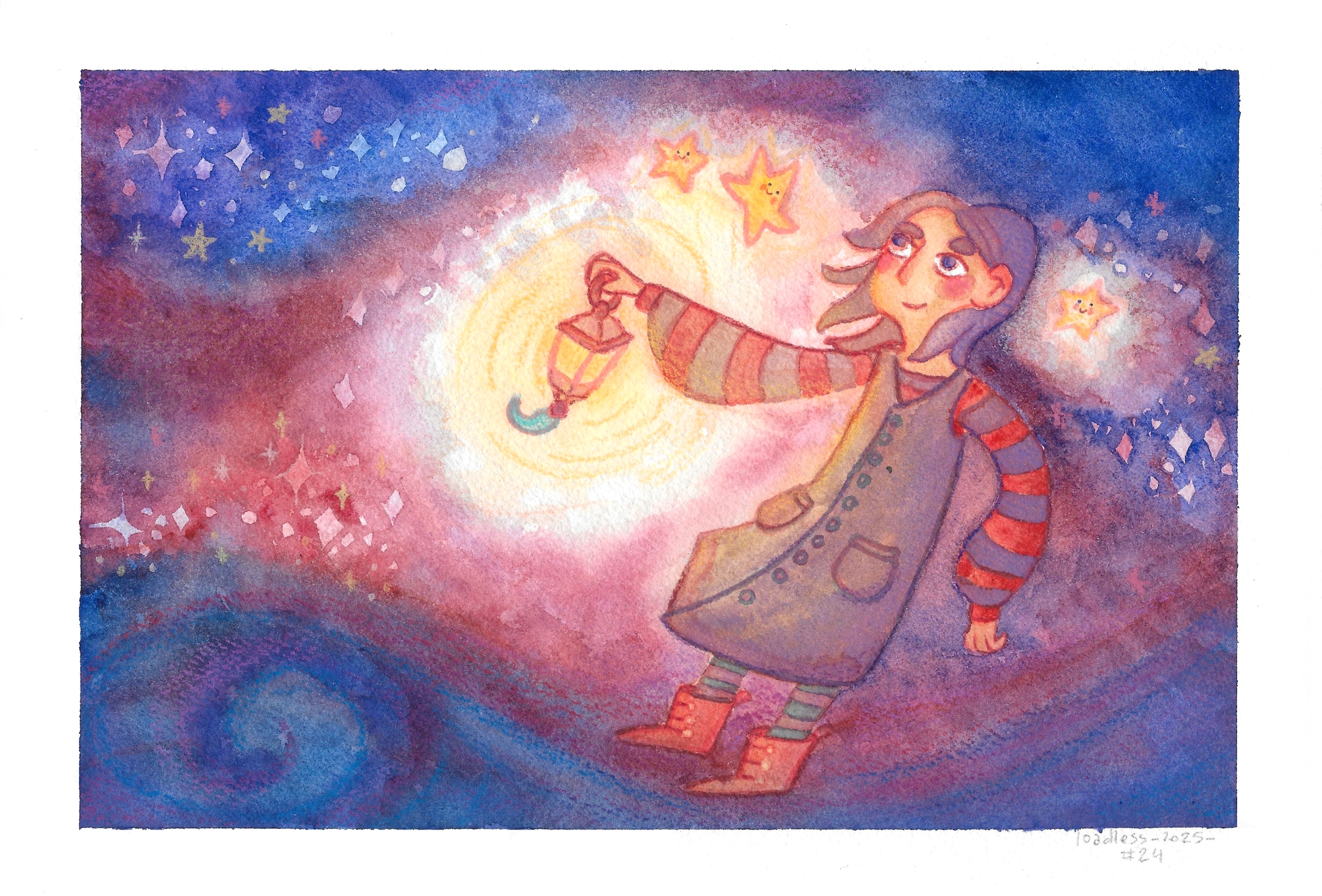 A watercolor illustration of a girl holding a lantern in the night. Smiling stars surround her.