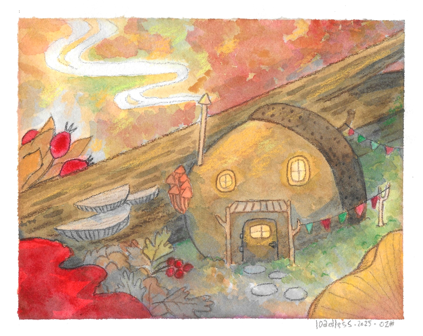 A watercolor illustration of an acorn house in the forest. Smoke rise from a chimney and mushrooms are growing around.