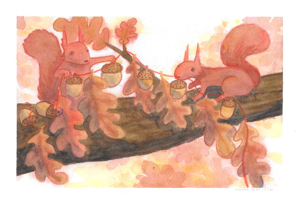 A watercolor illustration of two squirrels crafting an oak garland on a branch. there are altering acorns and oak leaves on a red string.