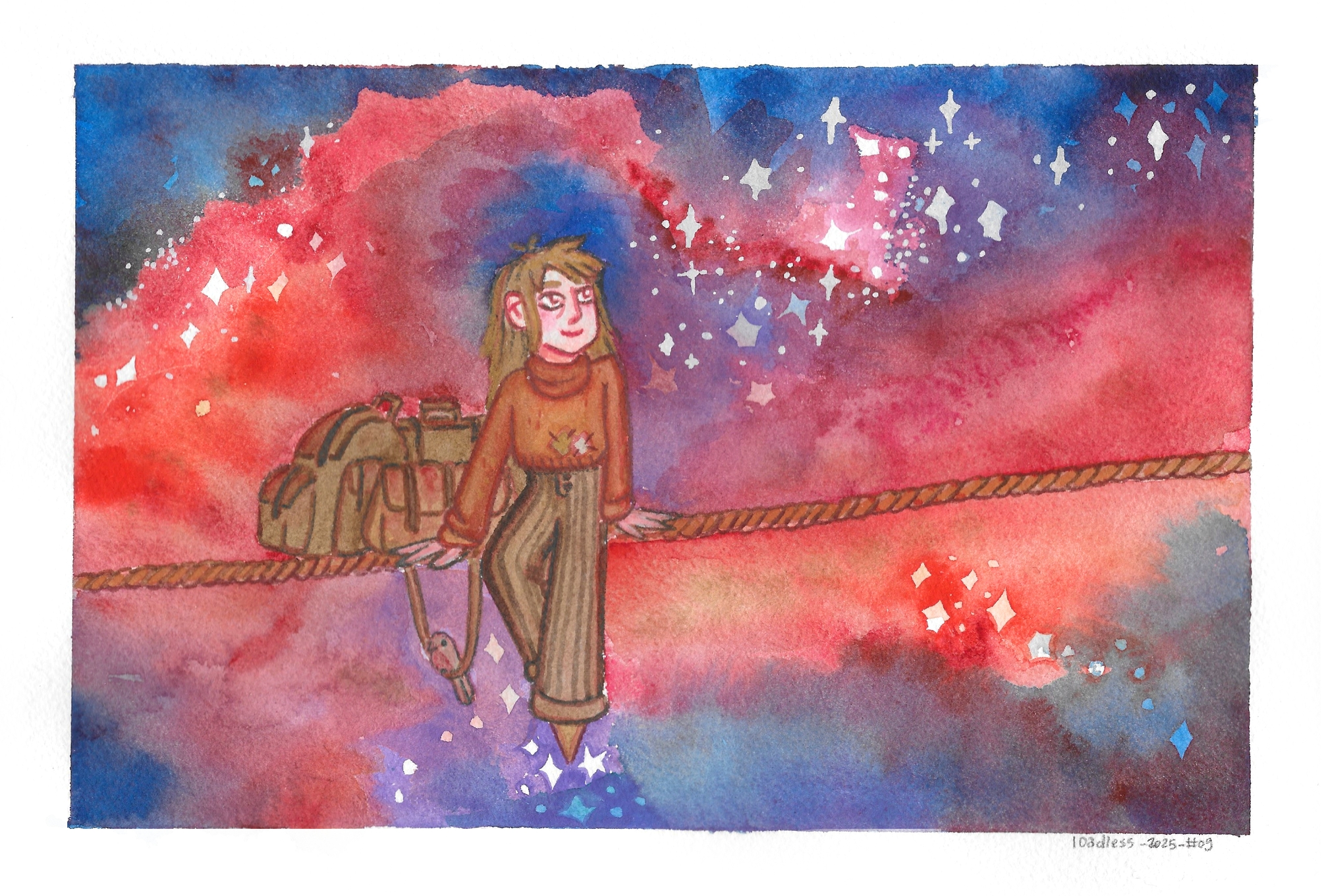 A watercolor illustration of a person sitting on a tight rope in the sky. They have heavy bags on their side and look ahead, hopeful. The sky is colorful and full of stars. A bird is sitting with them.
