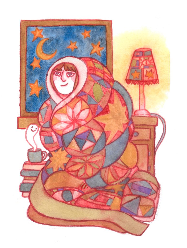 A person snuggled up in a big, fluffy blanket. The blanket is covered with colorful patterns. On the side there is a pile of book and a cup, from the cup a smilling ghost float up. Behind a window show a stary night.