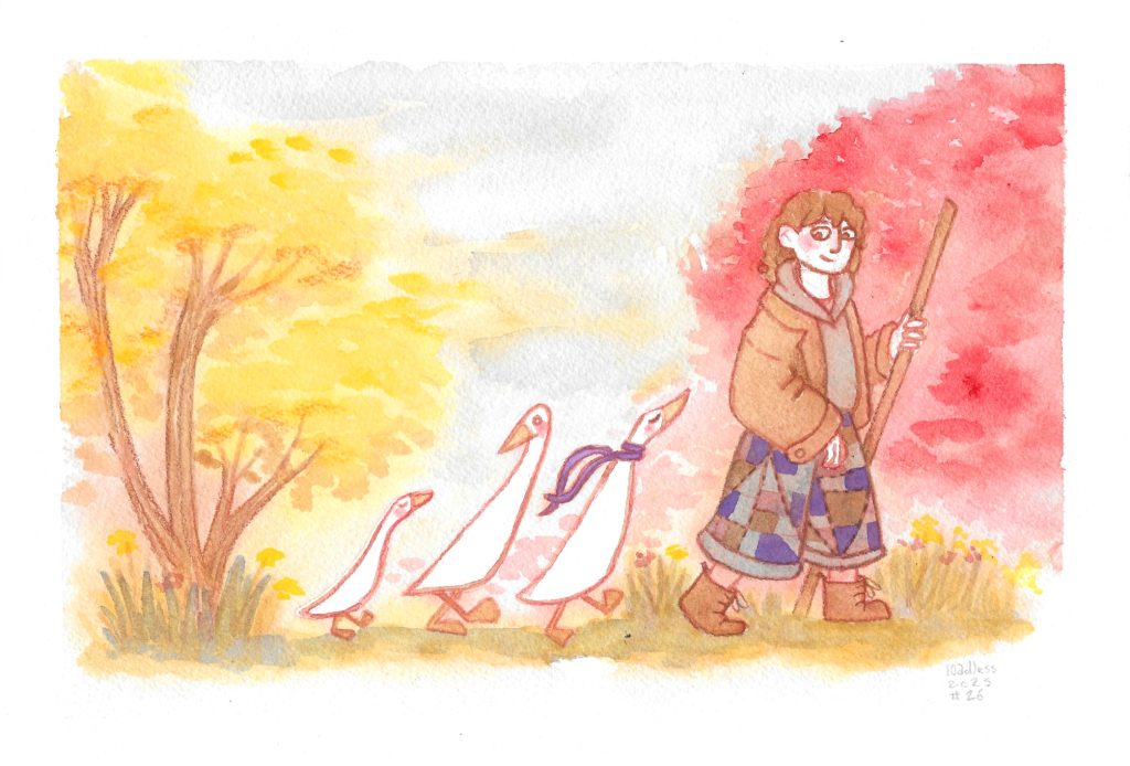 A watercolor illustration of a person followed by three runner ducks is walking right. One of the duck as a purple ribbon around their neck. The landscap is filled with trees in fall foliages.