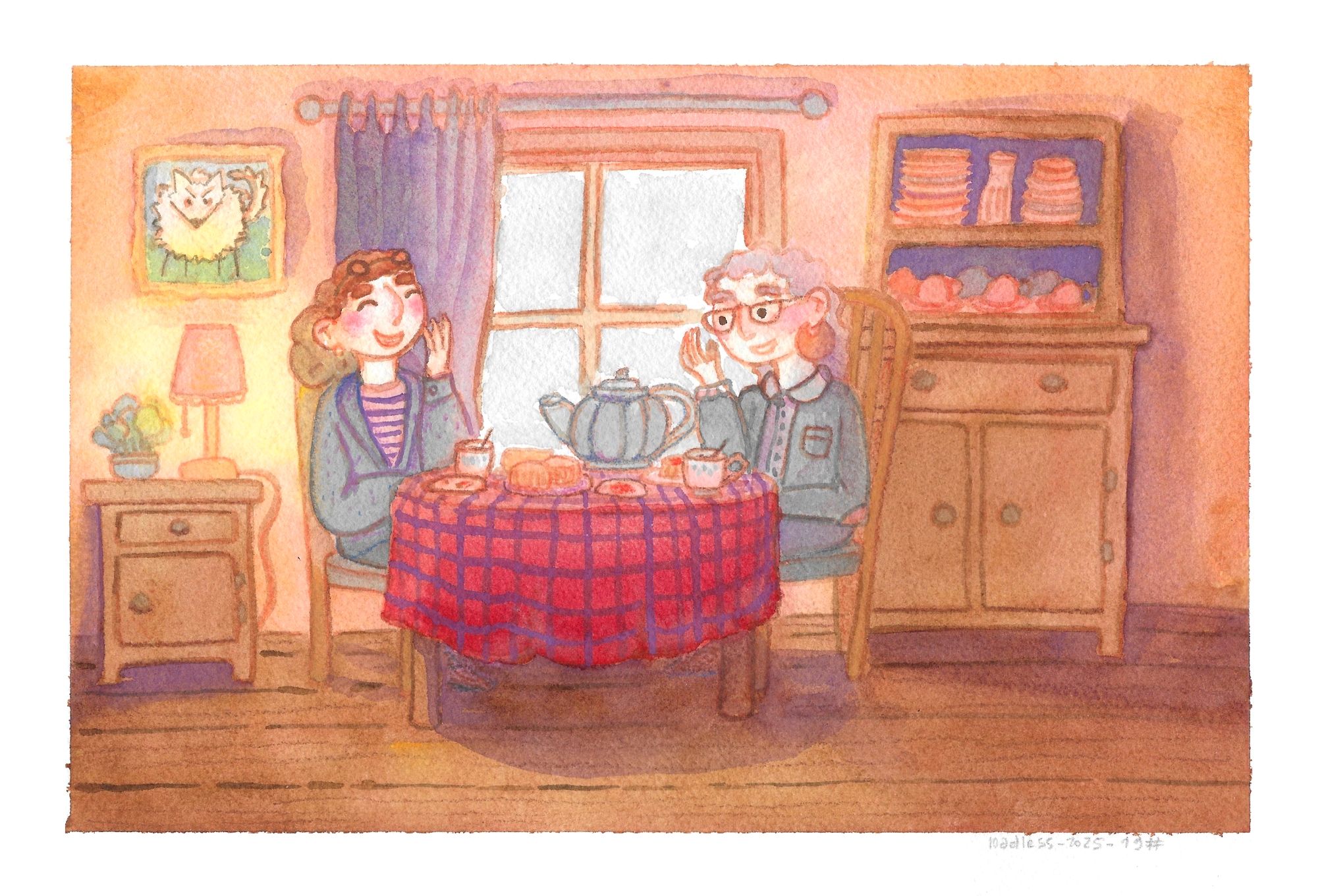 A watercolor illustration of of two person are having tea, sitting at a round table. The table is covered with a red tablecloth with squared patterns . There is a big round tea-pot as well as tea cups, scones and jam. They are in a cozy interior with a warm lamp sitting atop a side table. There is a big window and a framed picture of a white dog on the wall.